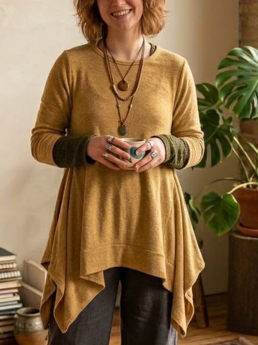 Beeson River Mustard Yellow Asymmetrical Sharkbite Hem Tunic Top Lagenlook Boho